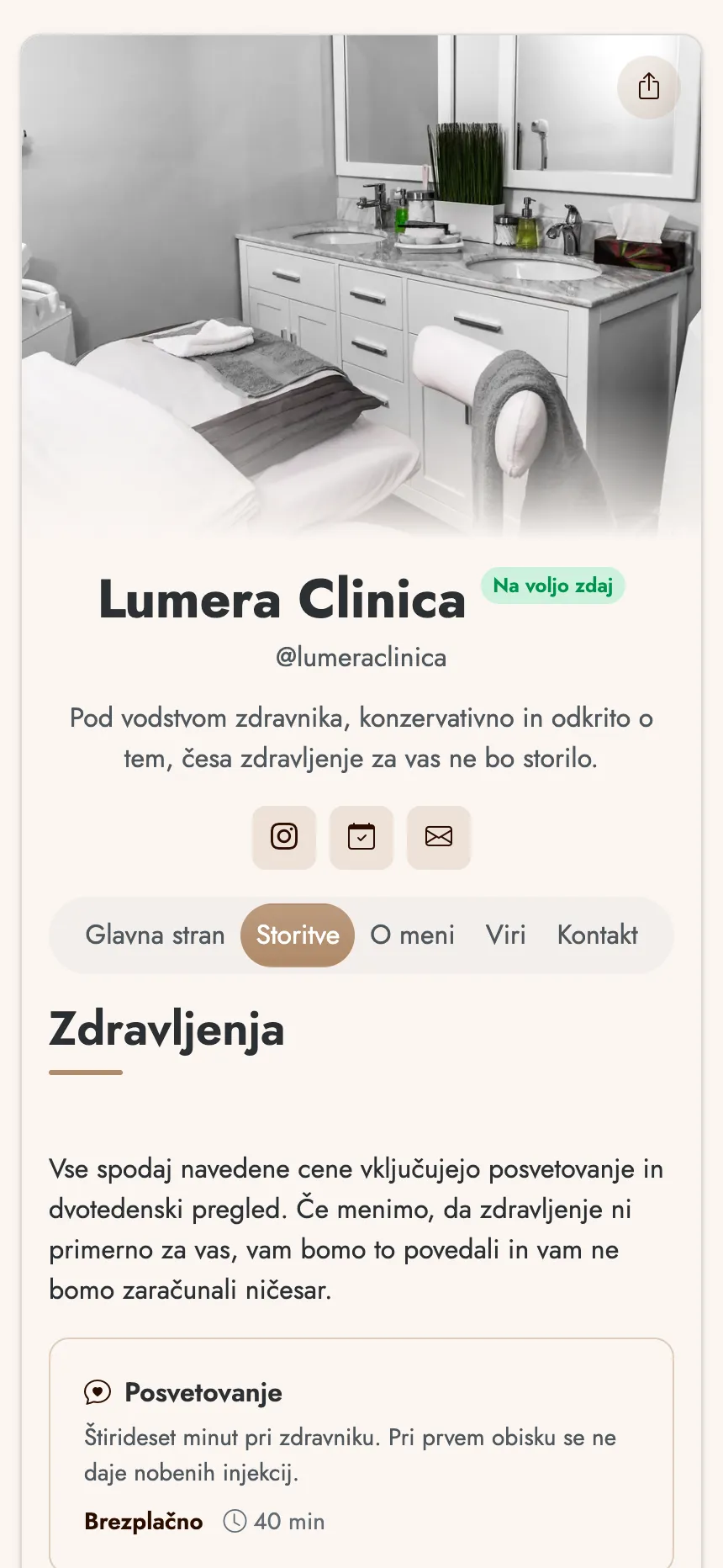 Estetska klinika — storitve s cenami in gumb za naročanje