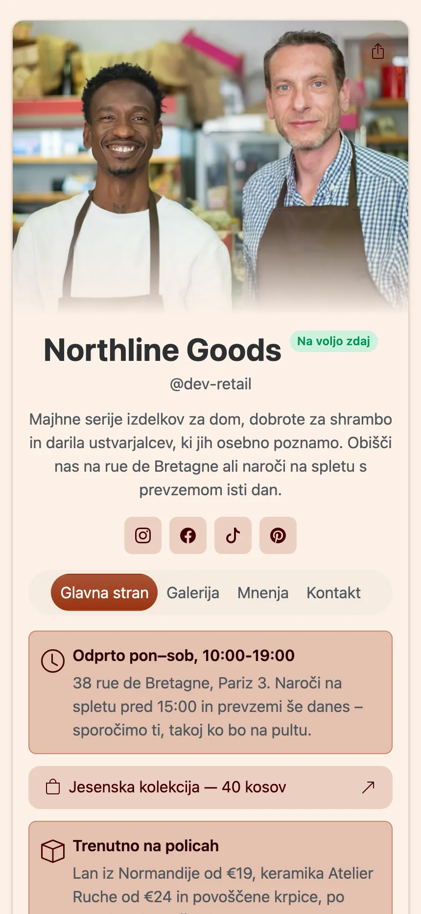 Glavna stran objavljenega spletnega mesta na KEA.Page