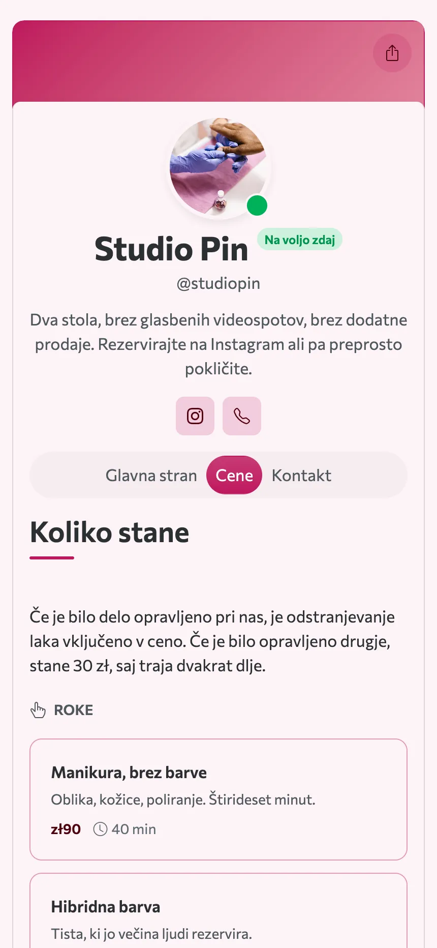Dva zavihka — cenik in naslov, in to je celotno spletno mesto