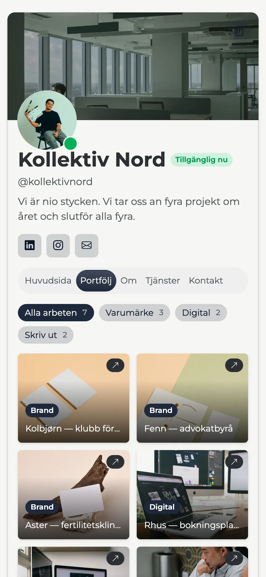 Designstudio — en filtrerbar portfolio, med bannerhuvud