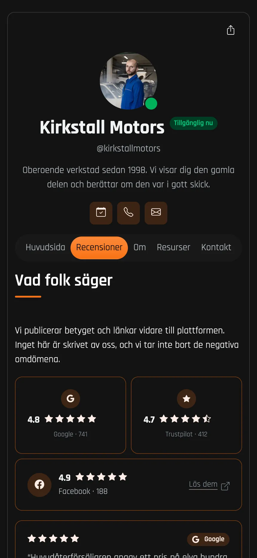 Bilverkstad — betyg hämtade från Google och Trustpilot