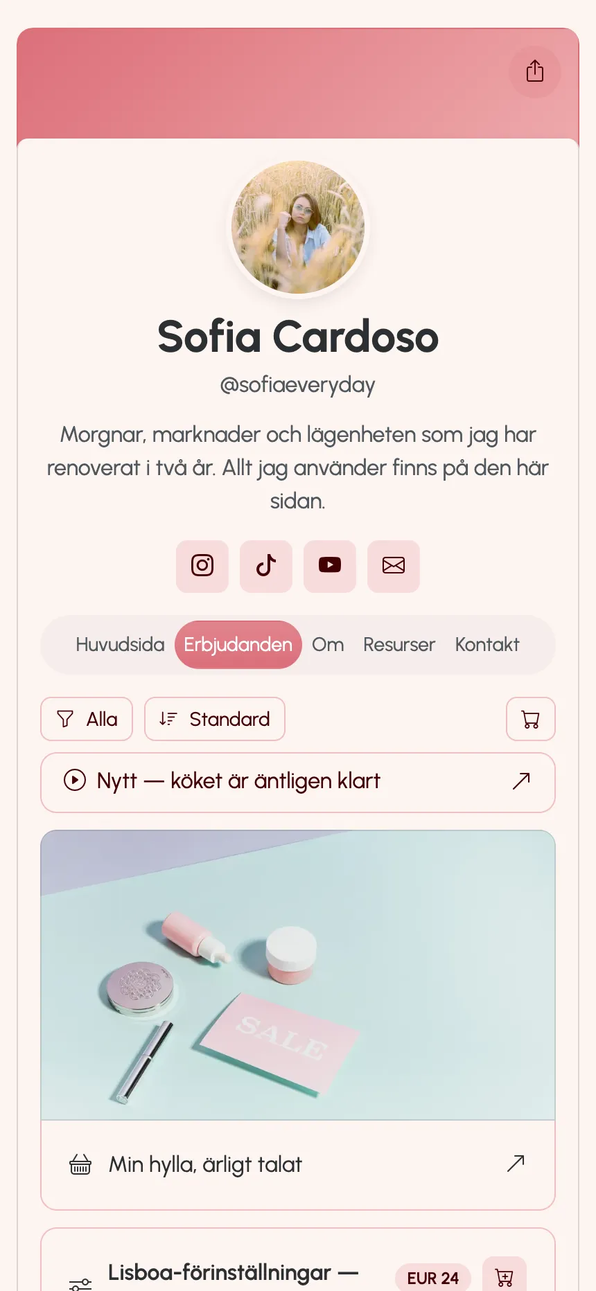 En kreatörssida publicerad på KEA.Page — länkar, förinställningar och medlemskap