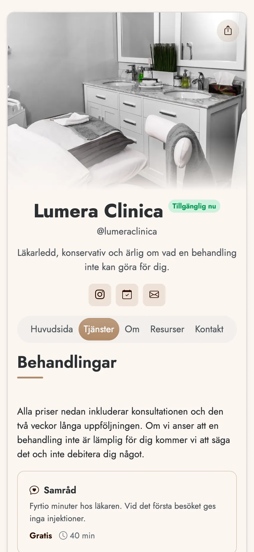 Skönhetsklinik — behandlingar med pris och en bokningsknapp