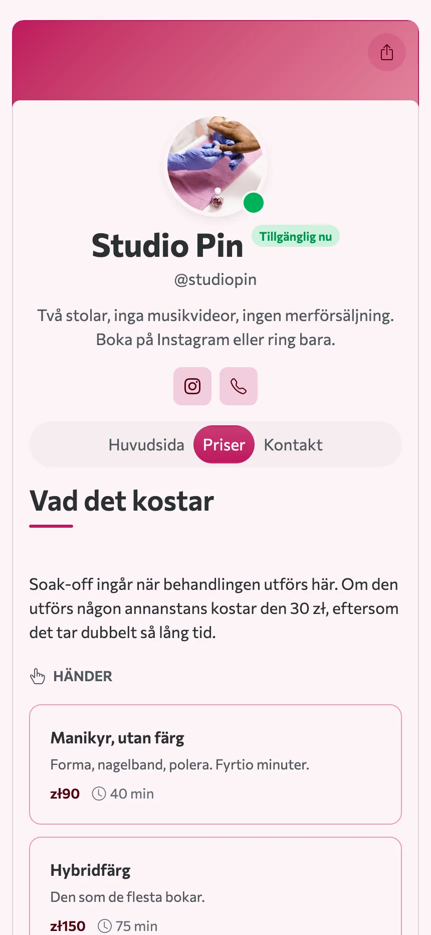 Två flikar — en prislista och en adress, och det är hela webbplatsen