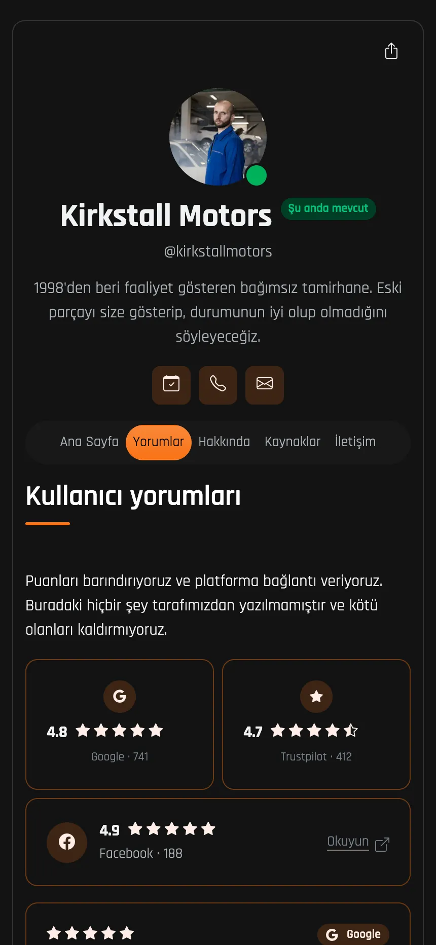 Oto tamirhane — Google ve Trustpilot'tan çekilen puanlar