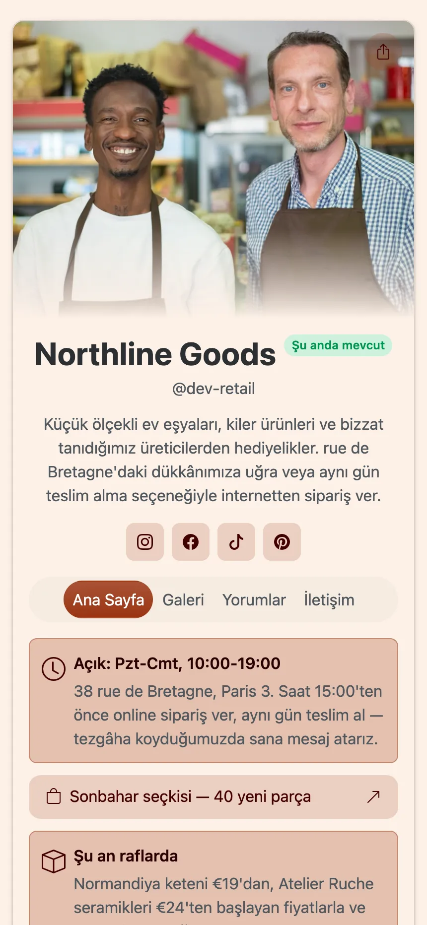 Yayınlanmış bir KEA.Page sitesinin ana sayfası