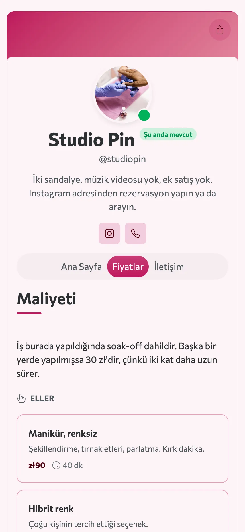 İki sekme — bir fiyat listesi ve bir adres; işte bütün site bu