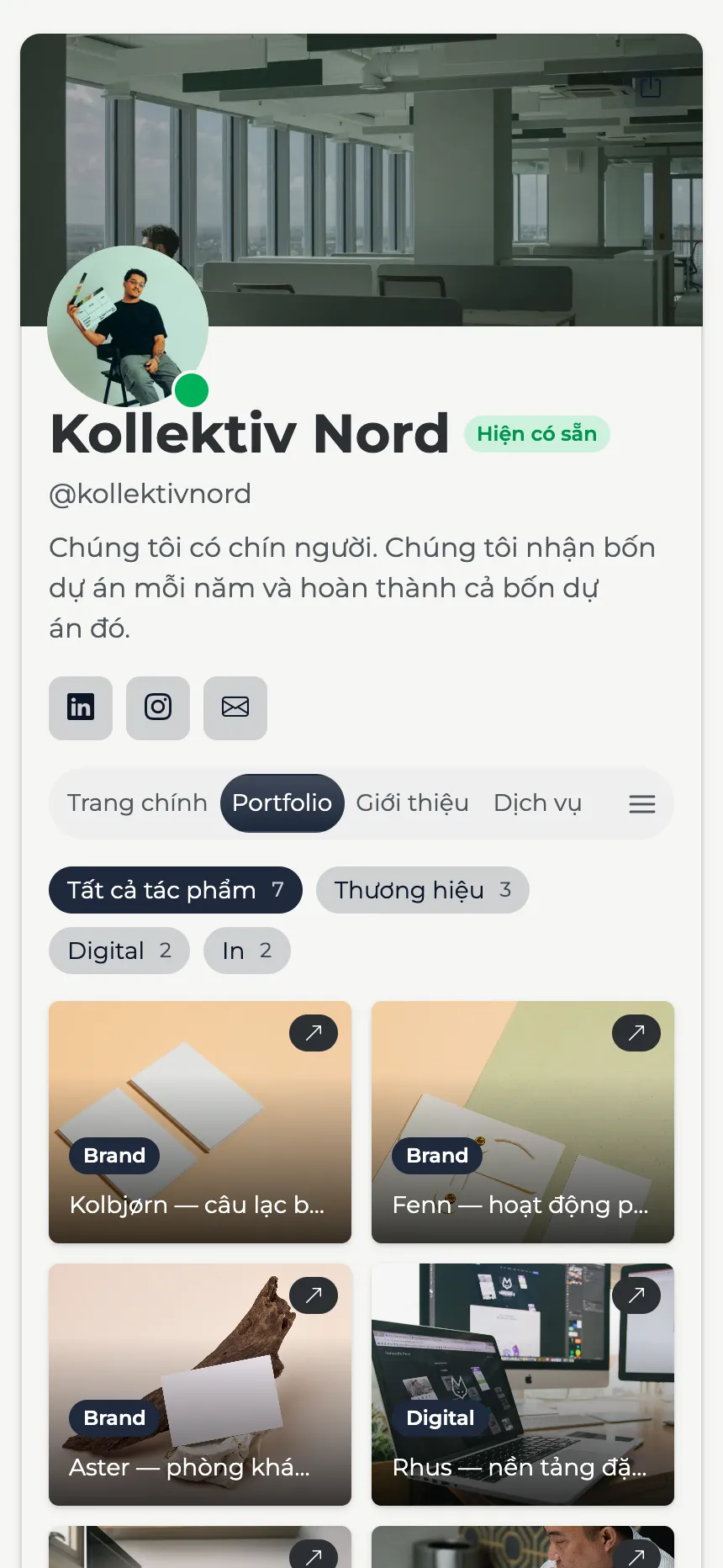 Studio thiết kế — hồ sơ năng lực có bộ lọc, với tiêu đề dạng biểu ngữ
