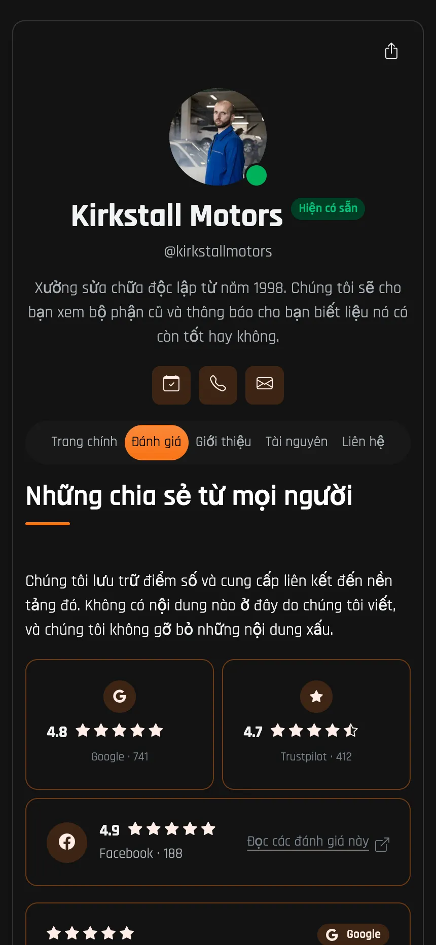 Gara sửa xe — điểm đánh giá lấy từ Google và Trustpilot