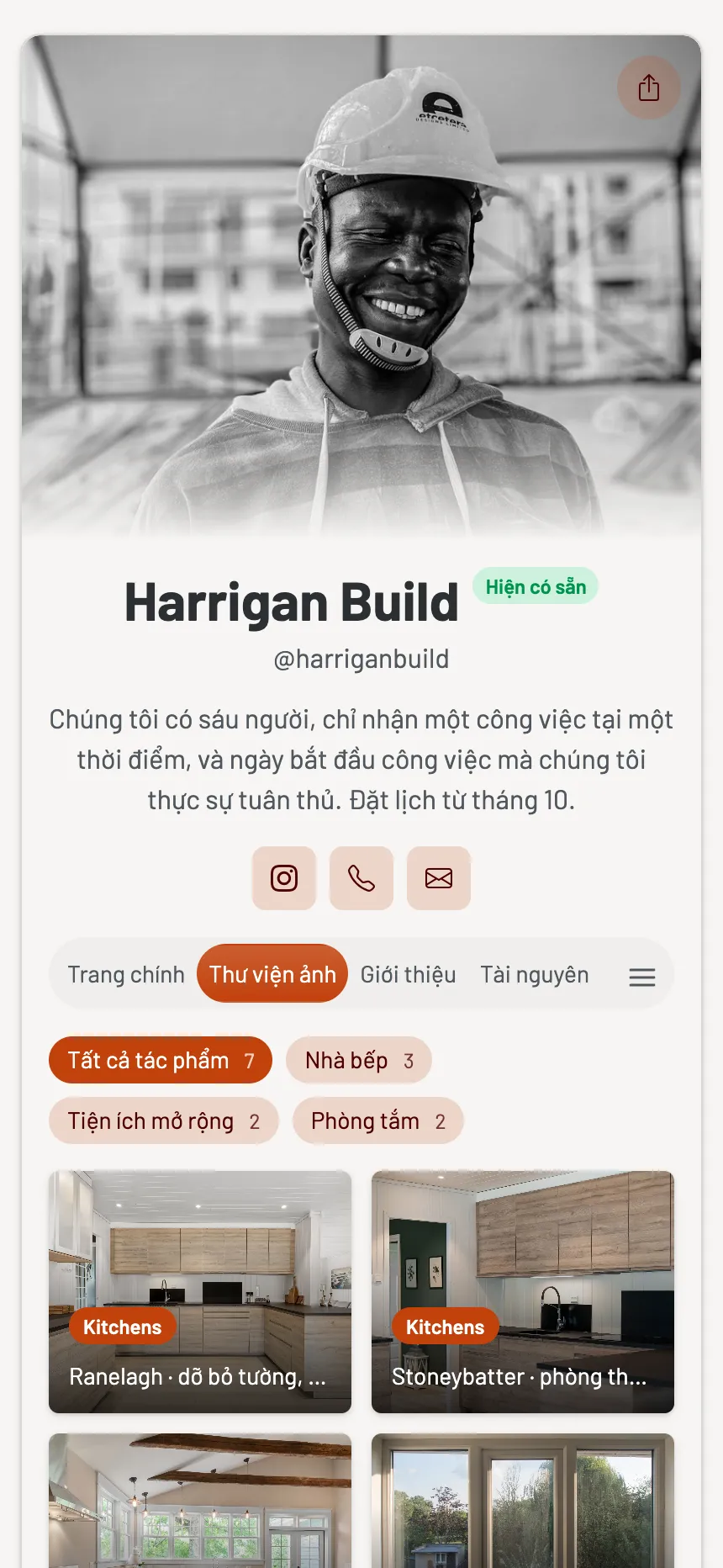 Nhà thầu xây dựng — các công trình đã hoàn thành, có thể lọc theo phòng