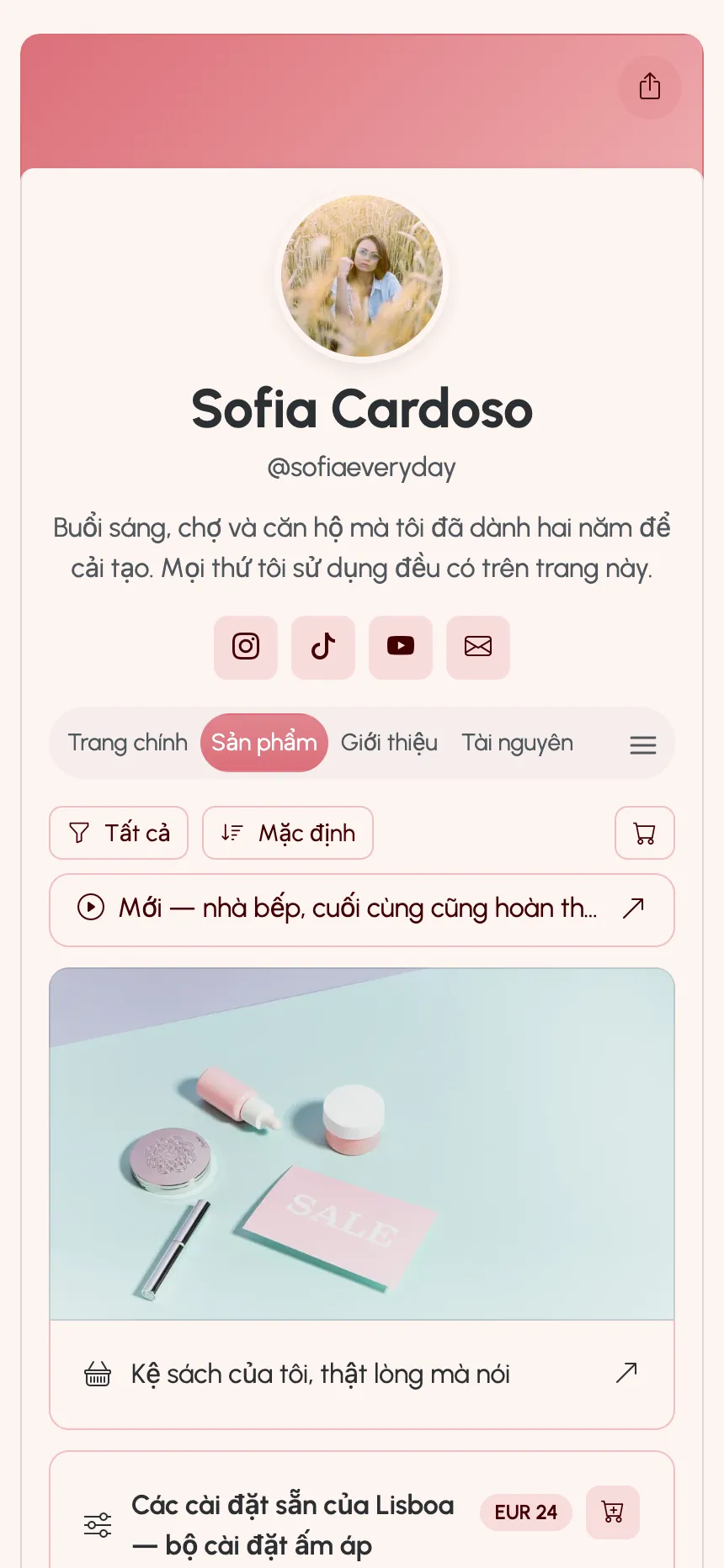 Trang nhà sáng tạo xuất bản trên KEA.Page — các liên kết, thiết lập sẵn và gói hội viên
