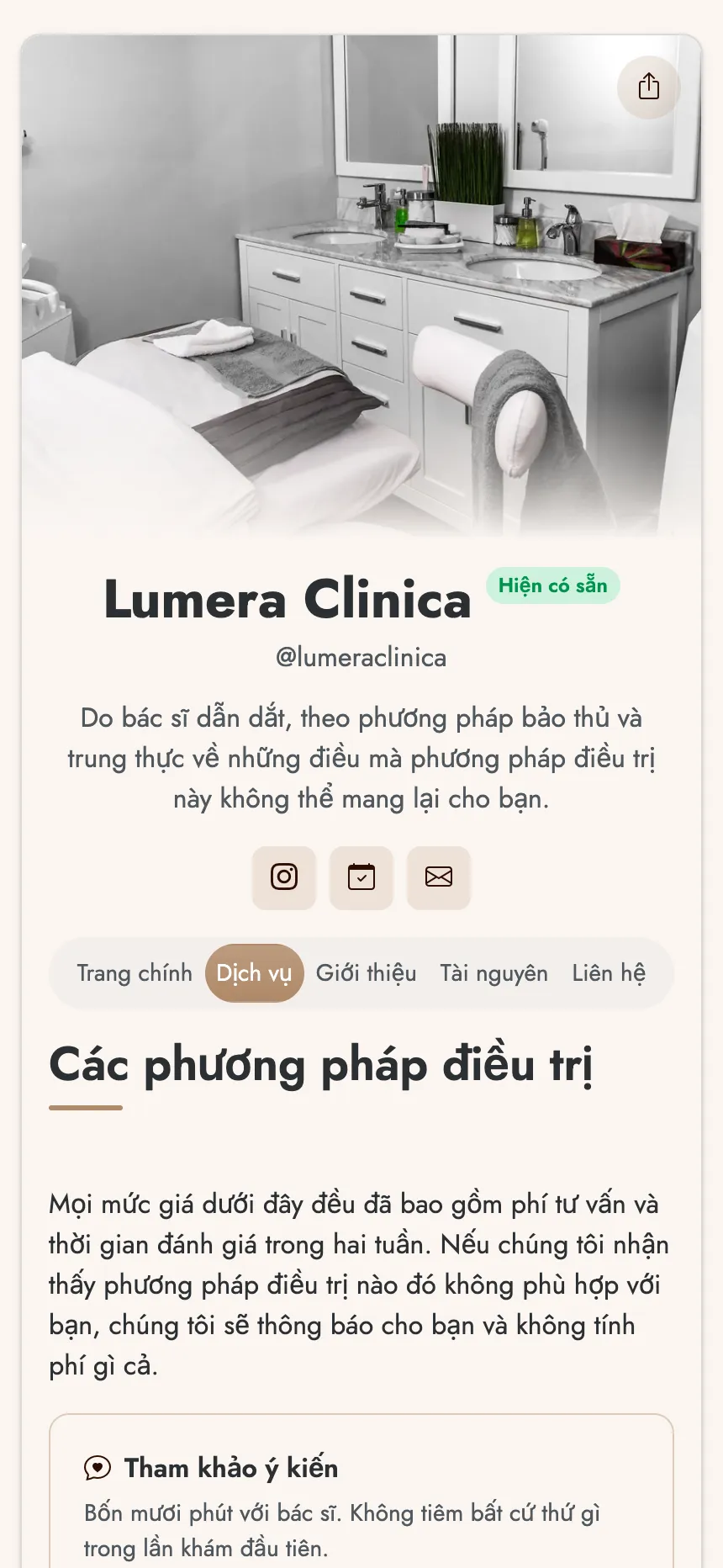 Phòng khám thẩm mỹ — các liệu trình kèm giá và nút kêu gọi đặt lịch
