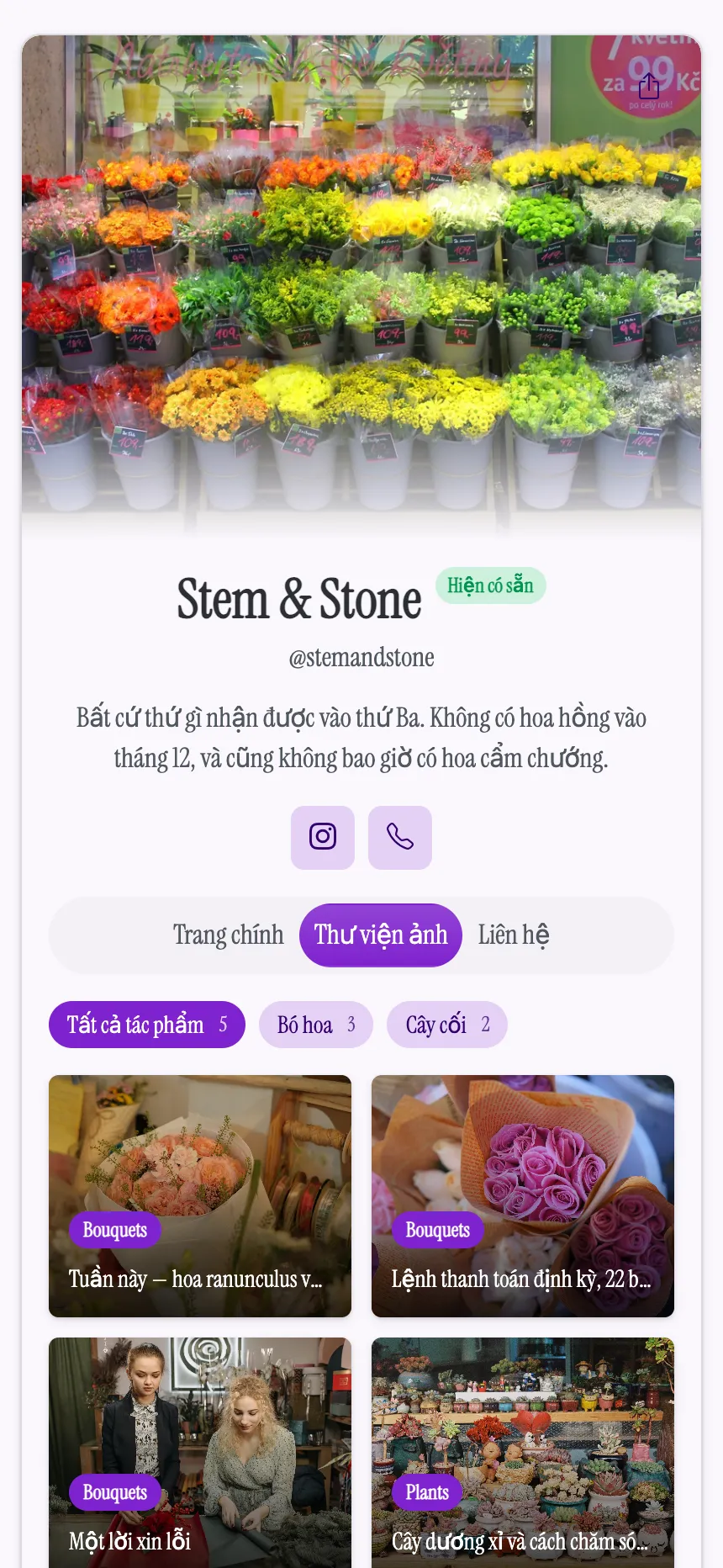 Hai thẻ — một tiệm hoa giới thiệu hoa mới về trong tuần